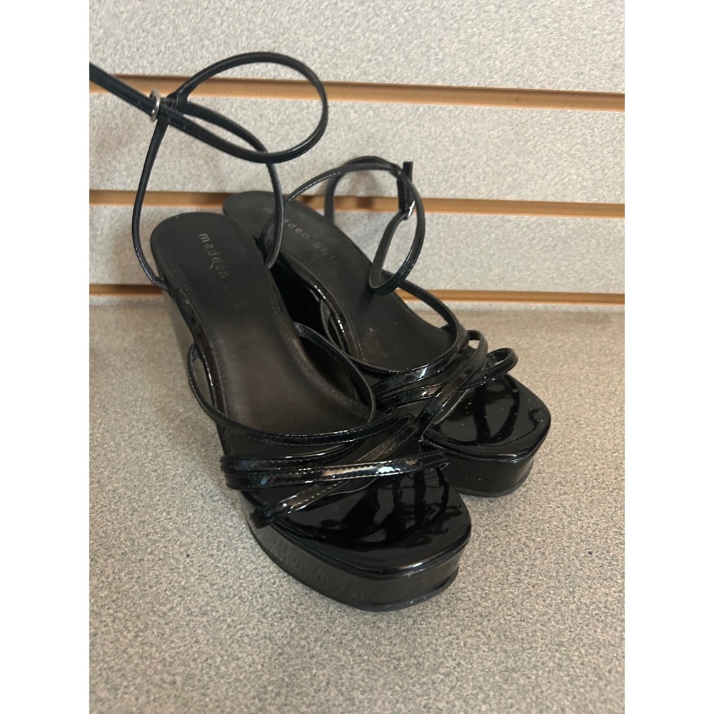 Madden Girl Womens Black Patent Strappy Platform Wedge Sandals Heels Size 9M